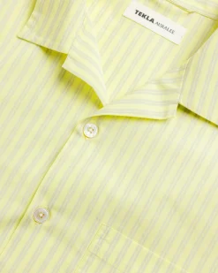 Tekla Cotton Poplin Pyjamas Shirt Light Moss Stripes- Underwear And Loungewear