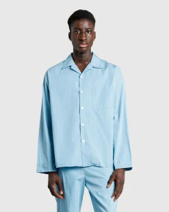 Tekla Cotton Poplin Pyjamas Shirt Mist Stripes- Underwear And Loungewear