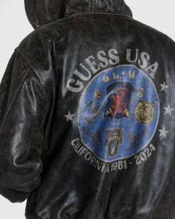 Guess USA Crackle Leather Zip Hoodie Amos Brown Multi- Outerwear