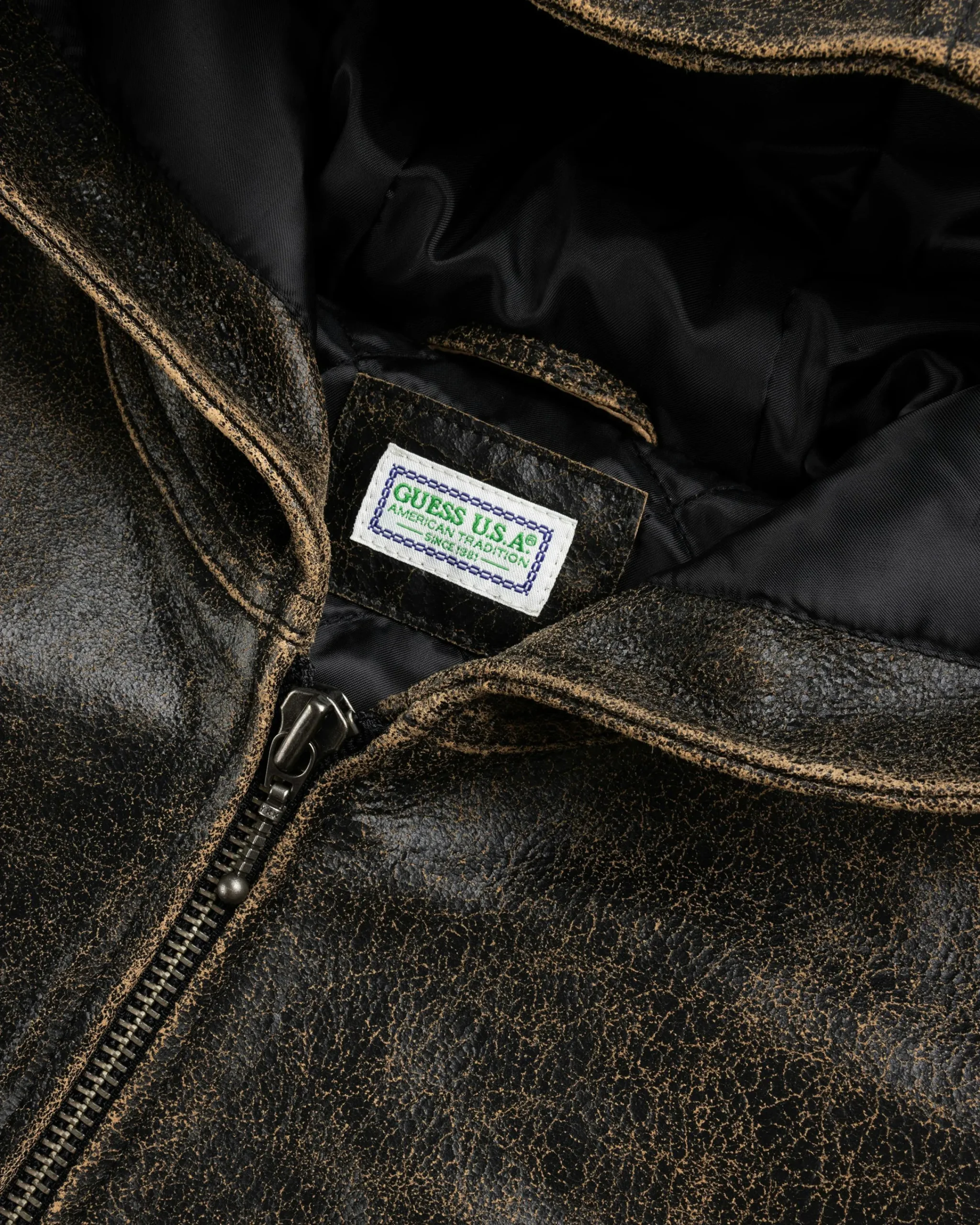 Guess USA Crackle Leather Zip Hoodie Amos Brown Multi- Outerwear