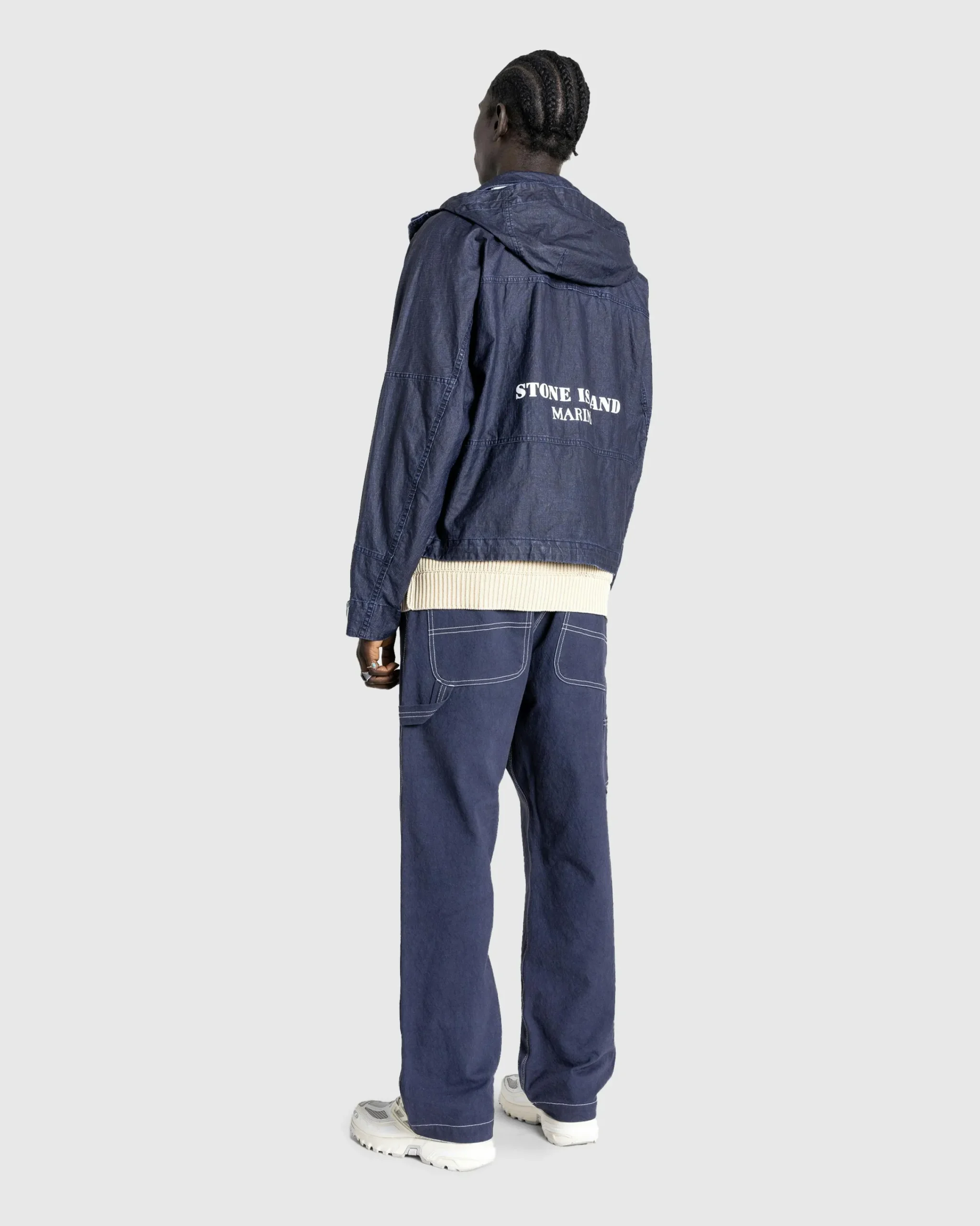 Stone Island Hooded Linen Jacket Royal Blue- Outerwear