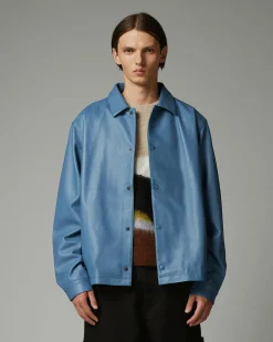 Highsnobiety HS05 Leather Shirt Jacket Blue- Outerwear