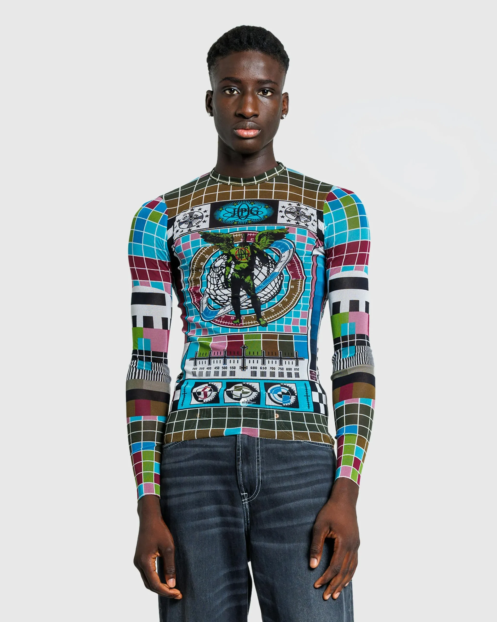 Jean Paul Gaultier Mesh Long-Sleeve Top Printed Mire Blue/Multi- Tops