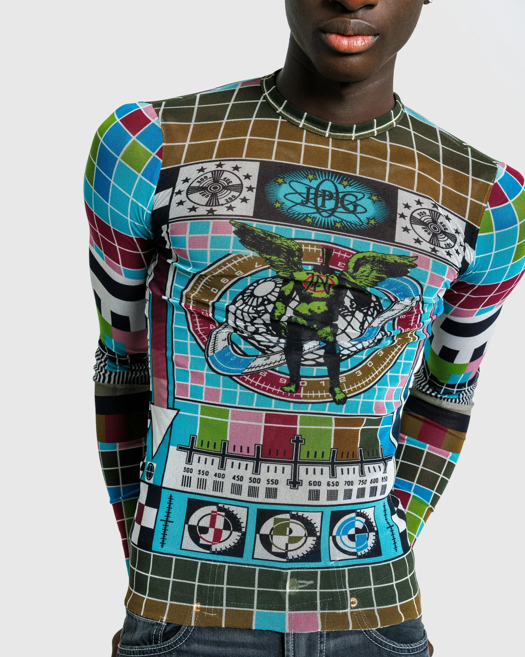 Jean Paul Gaultier Mesh Long-Sleeve Top Printed Mire Blue/Multi- Tops
