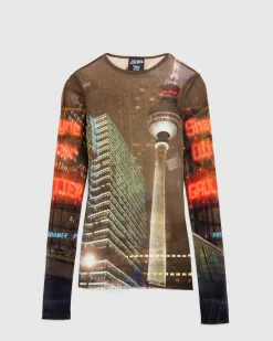 Jean Paul Gaultier Mesh Long-Sleeve Top Printed "City"- Tops