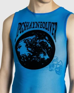Jean Paul Gaultier Mesh Tank Top Flocked "Earth" Ibiza Blue/Black- Tops