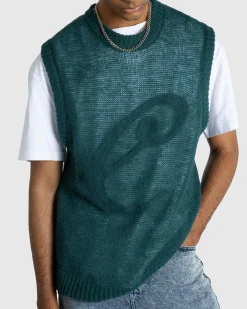 Café de Flore Script Sweater Vest Green- Knitwear