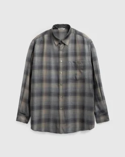 Auralee Super Light Wool Check Shirt Charcoal Grey- Shirts