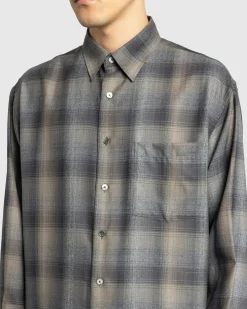 Auralee Super Light Wool Check Shirt Charcoal Grey- Shirts