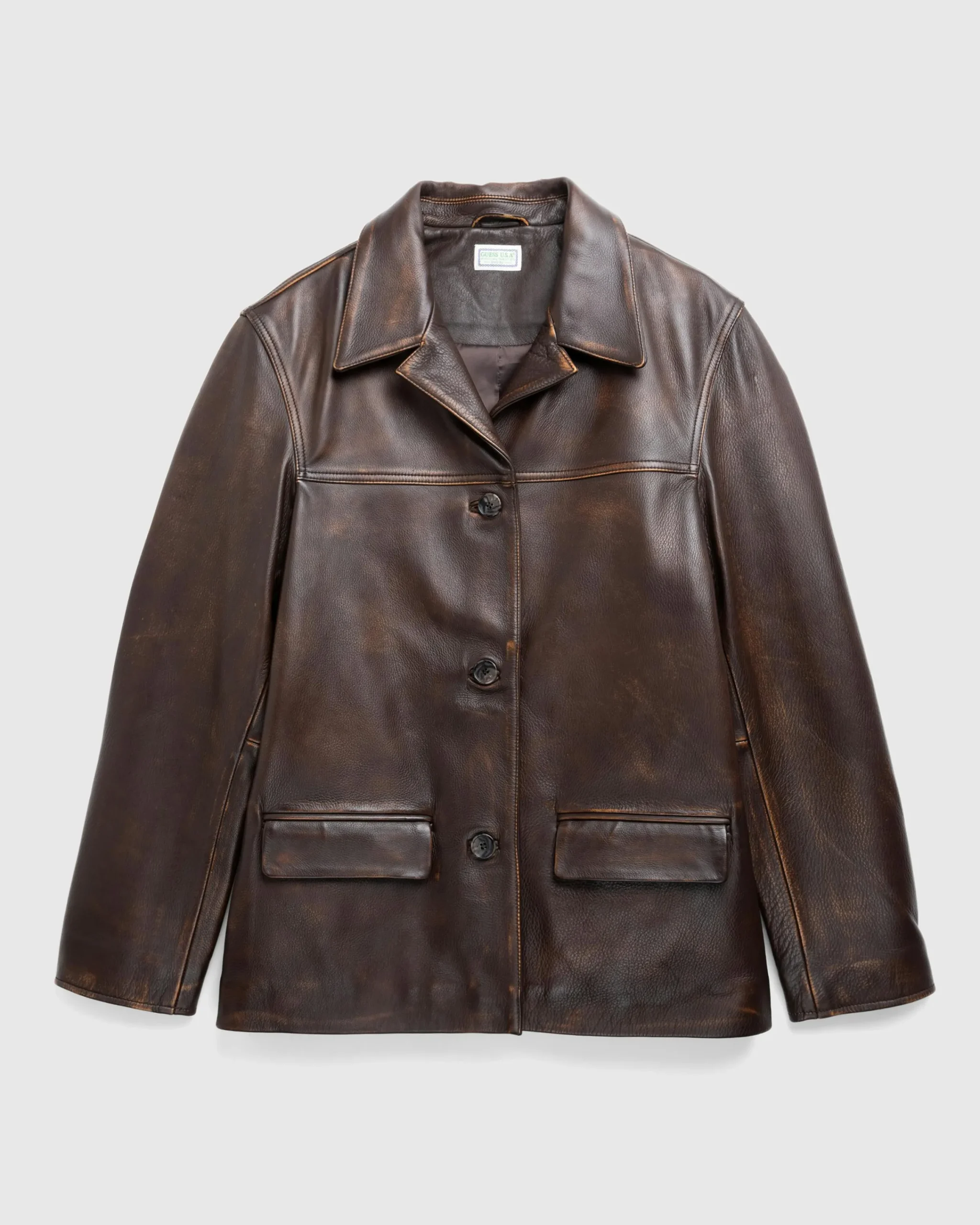 Guess USA Vintage Leather Jacket Chocolate Mousse- Outerwear