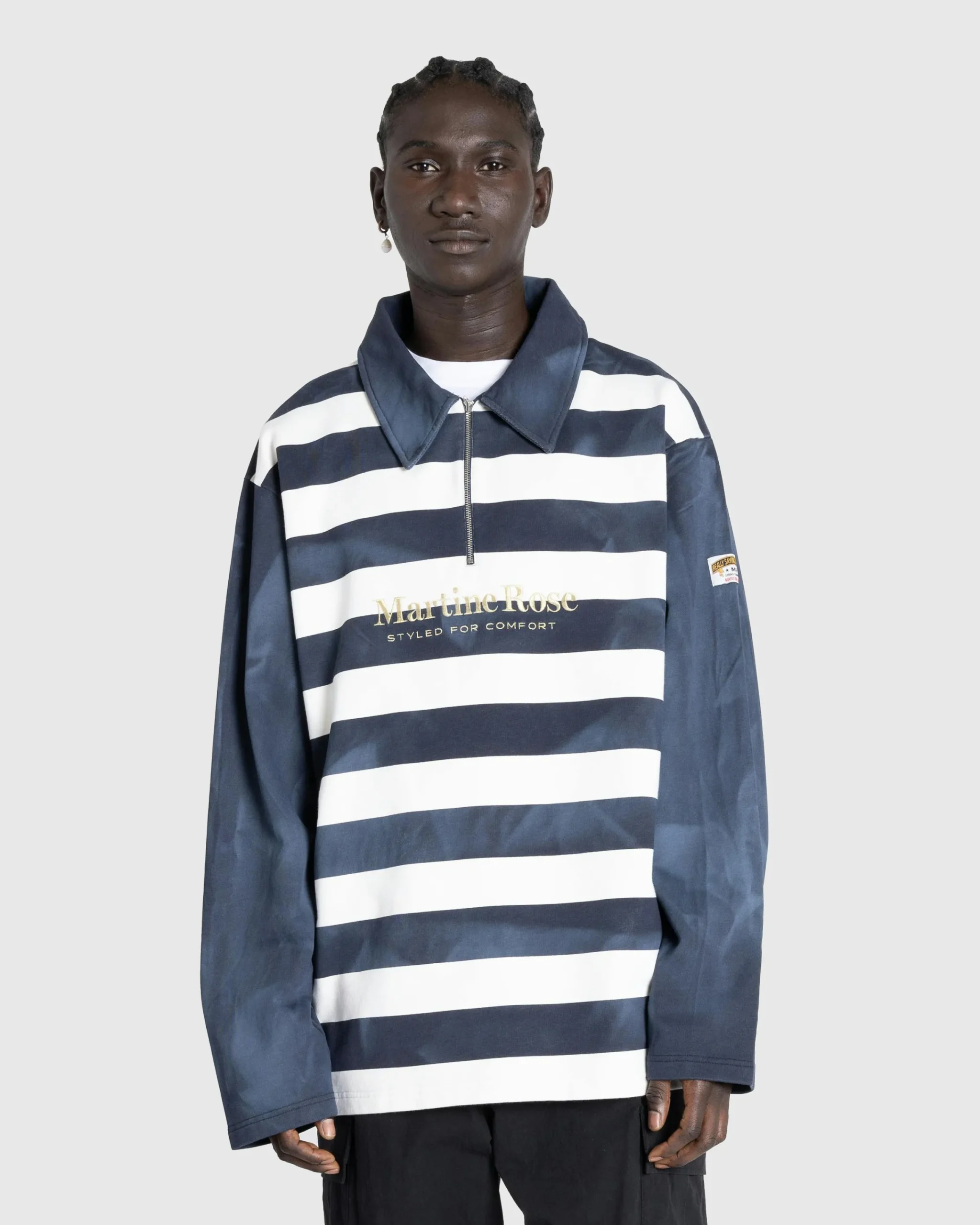 Martine Rose Zip Up Polo Navy/White Stripe- Tops