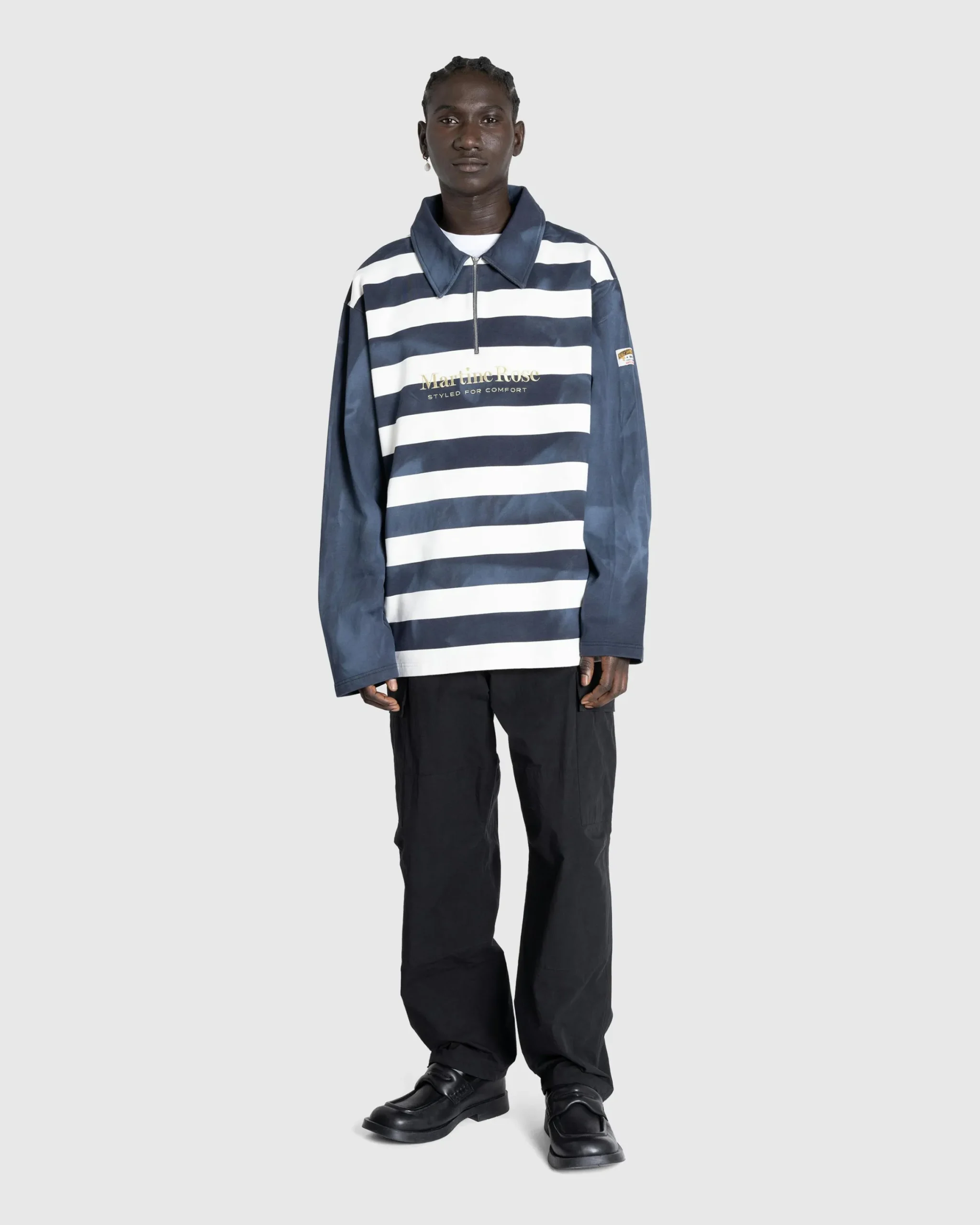 Martine Rose Zip Up Polo Navy/White Stripe- Tops