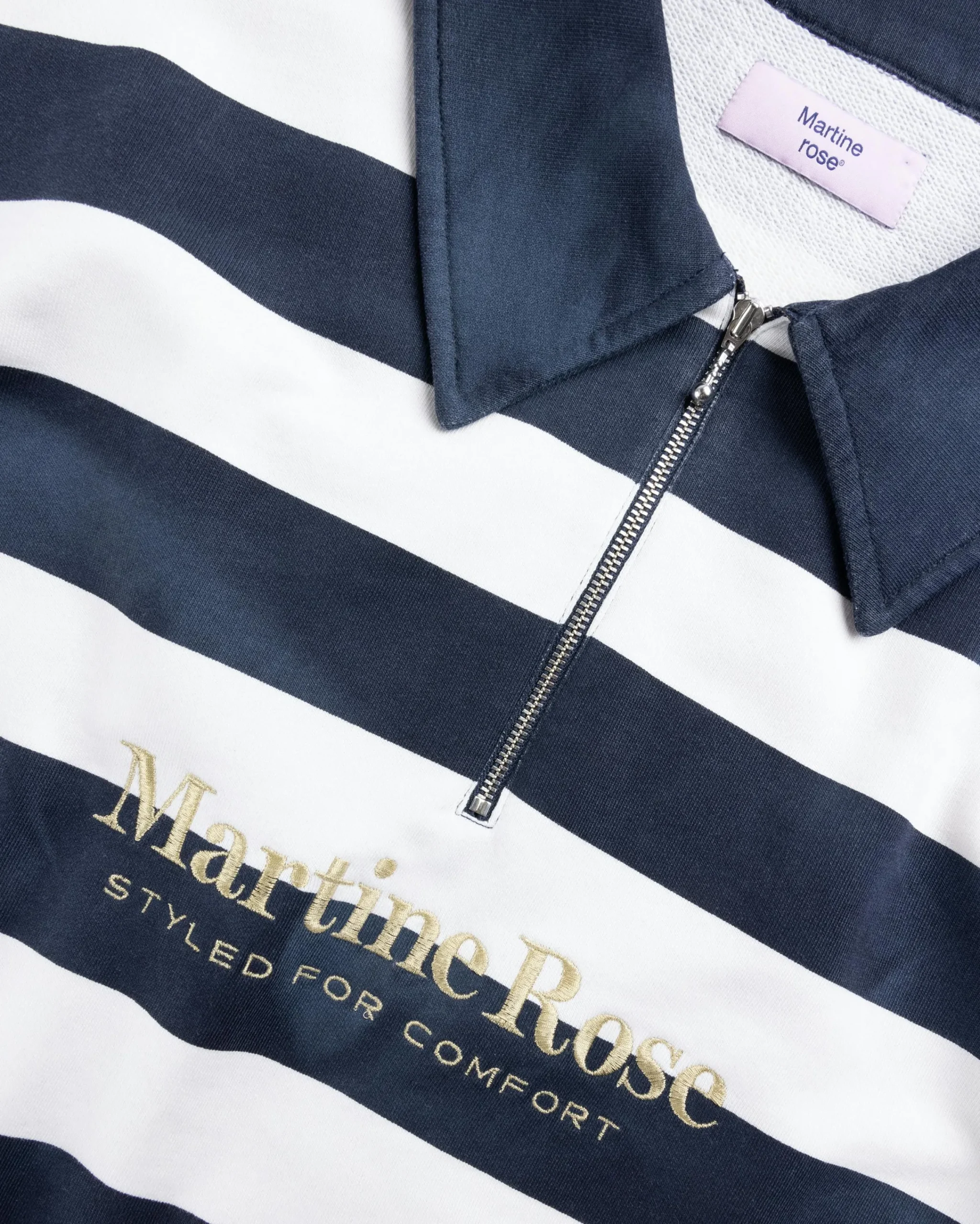 Martine Rose Zip Up Polo Navy/White Stripe- Tops